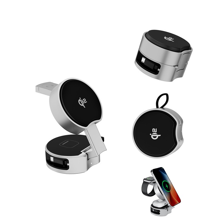 3 az 1-ben összecsukható mágneses vezeték nélküli töltő, Q12 gyorstöltés, ezüst