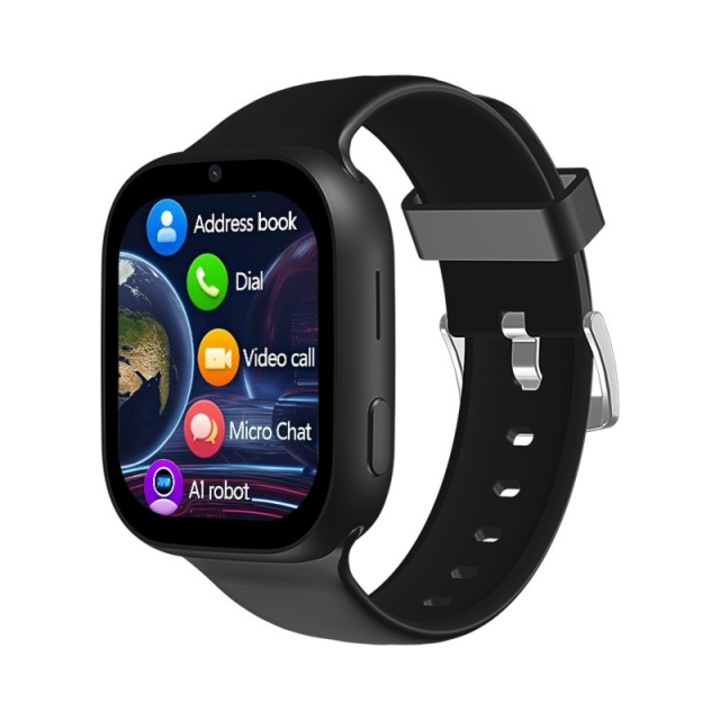 4G Смарт часовник за деца с GPS, видео разговор, групов гласов чат, HD камера, калкулатор, хронометър, училищен режим, GeoFence, смарт часовник за деца с 2.1 инчов тъчскрийн, черен