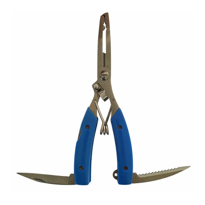 Cleste/patent multifunctional pentru pescuit, foarfec, briceag, extractor carlige, din inox, ergonomic