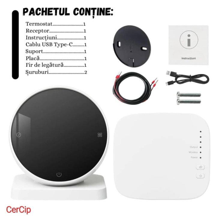 Termostat Wireless CerCip R7 pentru Centrale Termice si Incalzire Pardoseala, Wifi, Control din aplicatia Tuya, Universal, Programabil, Receiver inclus, Touchscreen, Control vocal, Alimentare prin USB C sau baterii AA, Alb