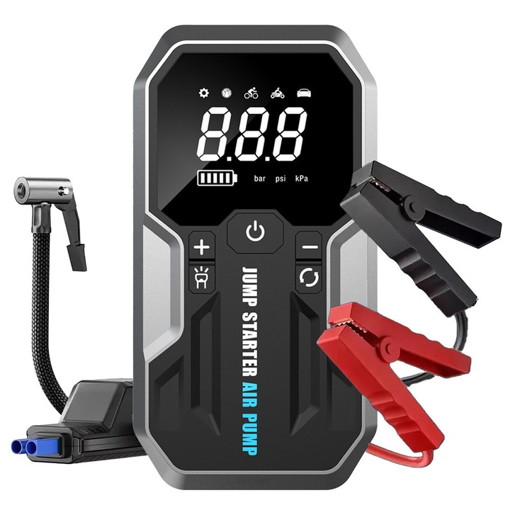 Стартер за кола и въздушен компресор 2-в-1, Innovify™ TruckPower Premium Edition, за 7L бензинов или 4L дизелов двигател, максимален ток 3000A, капацитет 20000 mAh, фенерче, USB powerbank, интелигентни клещи и калъф за носене включени, сив