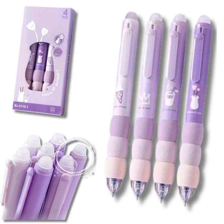 4 darab törölhető gél toll készlet, 0,5 mm, lila, Kawaii design