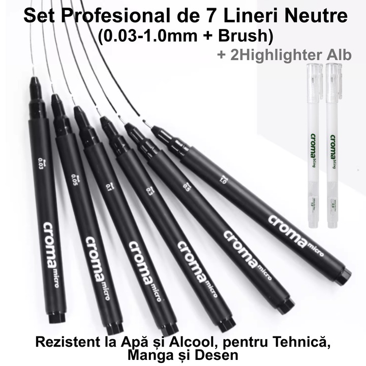Set Profesional de 7 Lineri Neutre (0.03-1.0mm) si 2 Highlighter Alb, Rezistent la Apa, pentru Tehnici de Desen