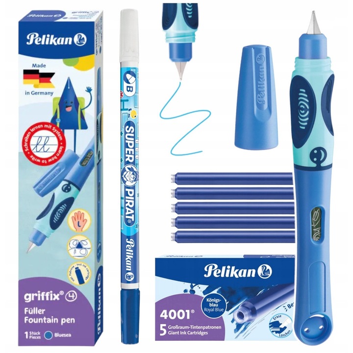 Pelikan Griffix készlet balkezeseknek: ergonomikus kék töltőtoll, tintapatronok, hibajavító, iskolába