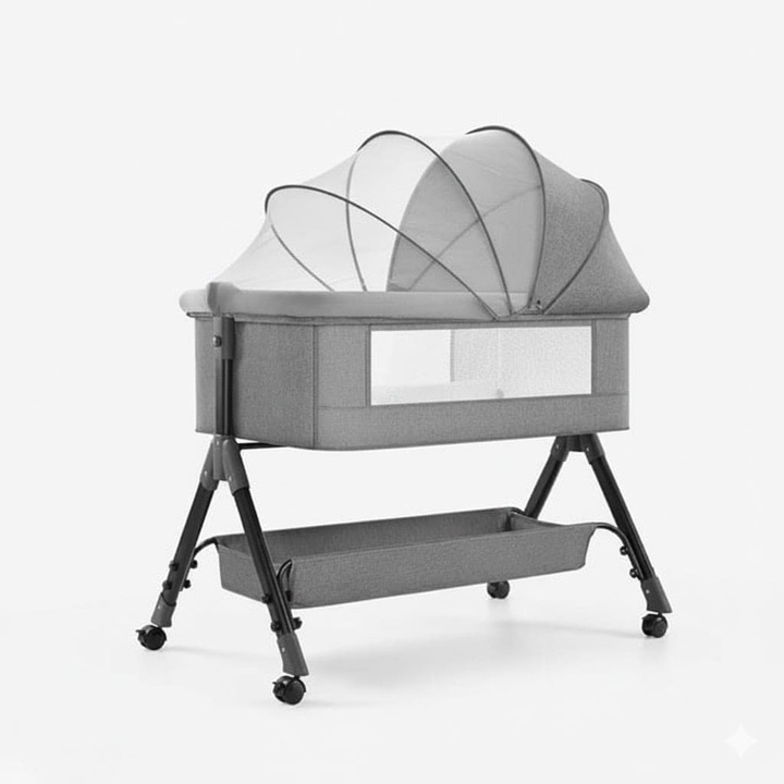 Кошара за съвместно спане Patut Co-Sleeping Gri, Бебешка кошара 0-24 месеца, Регулируема на 3 нива, Матрак и мрежа против комари, Преносима сгъваема кошара