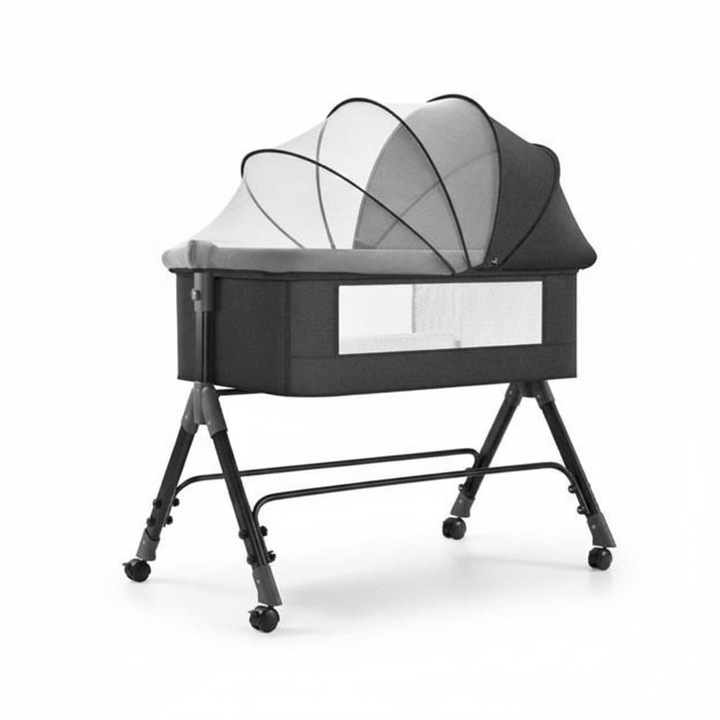 Összecsukható babaágy 0-24 hónapos korig, Co-Sleeping, Fekete, 3 szintes, Matrac és szúnyogháló, Többfunkciós ágy