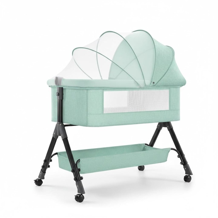 Кошара за съвместно спане Patut Mint за бебета, Регулируема на 3 нива, Преносима кошара 0-24 месеца с матрак и мрежа против комари