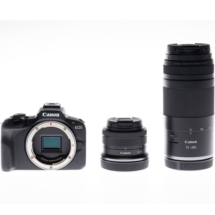 Aparat foto Mirrorless Canon EOS R50, 24.2MP, 4K + Obiectiv RF-S 18-45mm f/4.5-6.3 + Obiectiv RF 75-300mm f/4-5.6, Negru