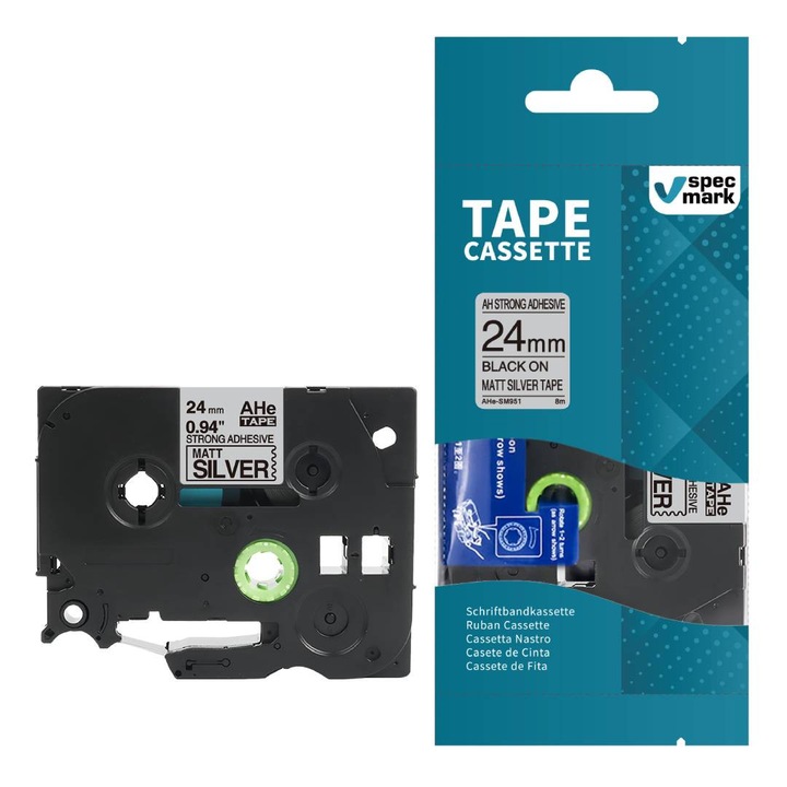 Bandă laminată Specmark TZe-SM951 argintie, 24mm x 8m, adeziv puternic, rezistent la apă