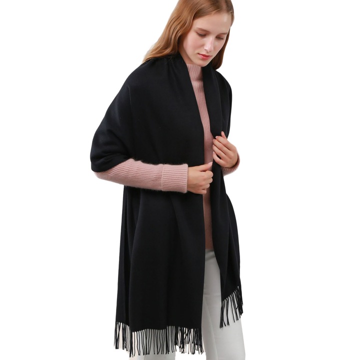 Esarfa dama TRADERPLUS, pashmina, dimensiuni 180x70cm, culoare solida, pentru seara, calatorii, birou, iarna, neagra