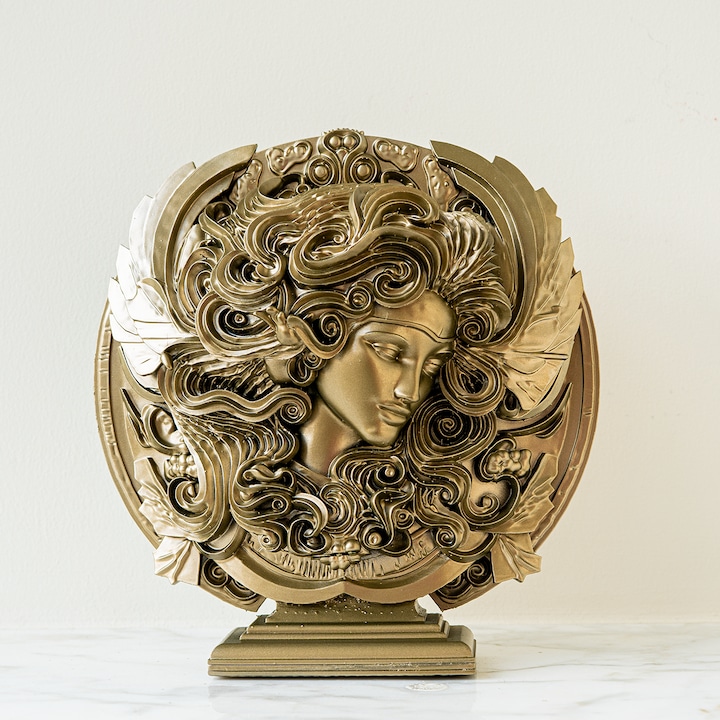 Statueta Zodie Fecioara, decorativă, finisaj bronz, suport de birou inclus, 17x17x6 cm