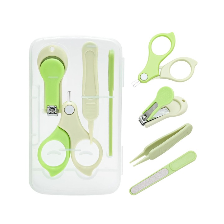 Set ingrijire bebelusi si copii accesorii, asskanaer, Set 4in1 de ingrijire unghii pentru bebelusi, Avand unghiera, Pila ABS, Forfecuta si penseta, Pentru calatorii, Cresa, Nou-nascuti, Plastic, 13.6*8.2*2 cm, Verde