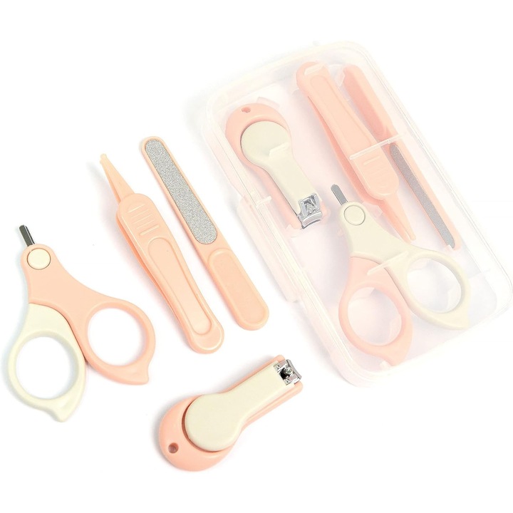 Set ingrijire bebelusi si copii accesorii, asskanaer, Set 4in1 de ingrijire unghii pentru bebelusi, Avand unghiera, Pila ABS, Forfecuta si penseta, Pentru calatorii, Cresa, Nou-nascuti, Plastic, 13.6*8.2*2 cm, Roz+Gri