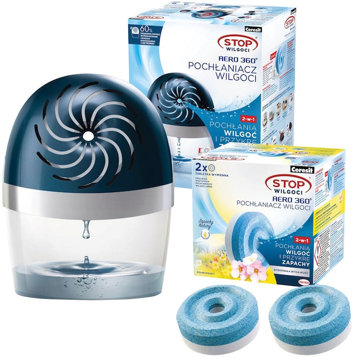 Обезвлажнител Ceresit Aero 360, с 2 таблетки по 450 гр. с аромат на полски цветя, тиха работа, максимална ефективност