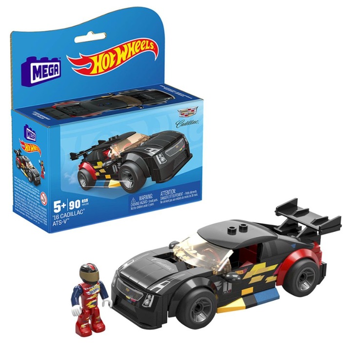 Masinuta HotWheels, Mega Blocks, Model Cadillac, Include Figurina, Recomandat 5 ani+