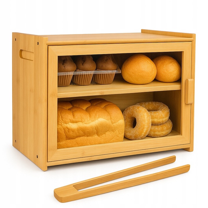 Cutie de pâine din bambus, 2 nivele, design loft, 40x20x31cm, include clește pentru pâine