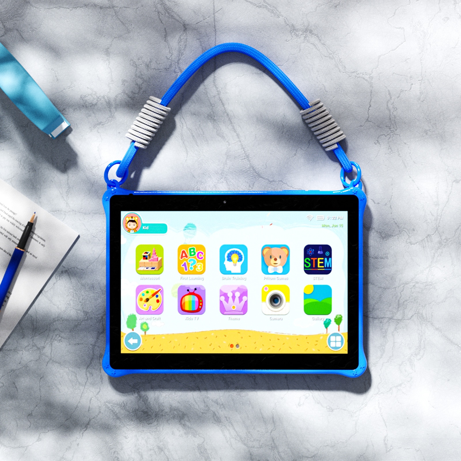 Tableta copii 7” cu husa rezistenta la socuri, Control Parental, camera fata/spate, Android, snur transport – Albastru