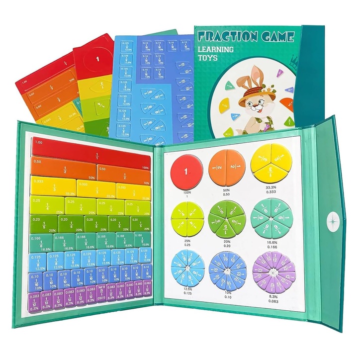 Mágneses játék, törtek tanulása, élénk, színes és környezetbarát, otthoni, játékos tanulás, 9 színes mágneses kört és téglalapot tartalmaz - JOJNUMERI JOJOY®