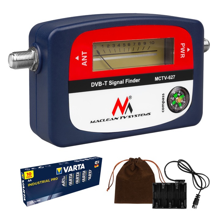 Contor semnal DVB-T/T2 Maclean MCTV-627, cablu antena 25 cm F-F, busola incorporata, geanta transport, + 10x baterii AA Varta Industrial incluse