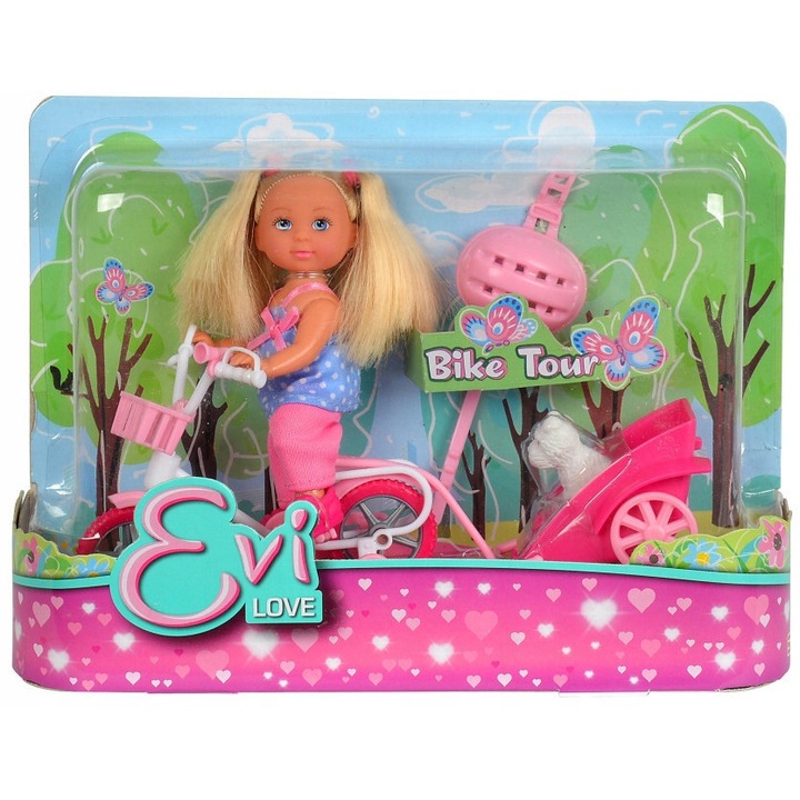 Papusa Evi cu bicicleta si remorca, Simba, roz, 3 ani