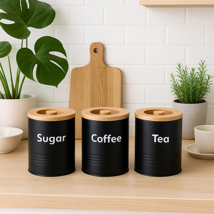 Set de recipiente pentru bucatarie - metal, capace din bambus, 3 piese