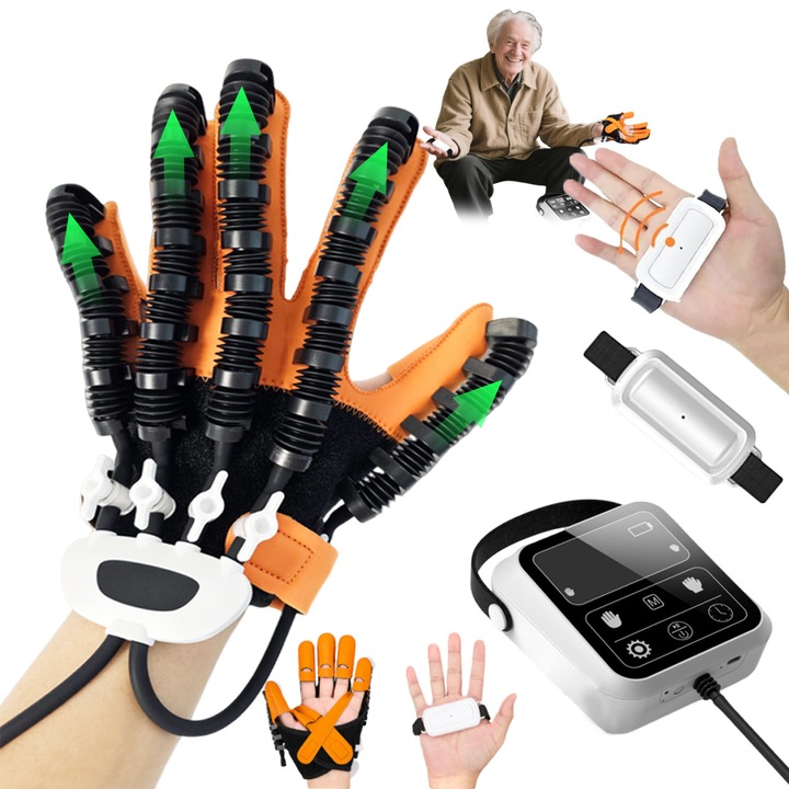 Manusi robotice pentru reabilitarea mainii, Bedee®, pentru mana stanga, 4 moduri si 9 niveluri de intensitate, Portabile si convenabile, Cip inteligent, control independent al degetelor, Marimea L, 6.2-7.2inches, ABS, Portocaliu