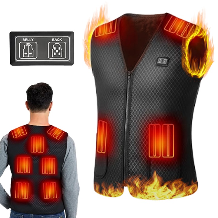 Vesta de incalzire electrica, Buyya®, cu power bank de 10.000 mAh, 40-65°, 10W, 5V, 9 zone de incalzire, 3 trepte de temperatura, Control dublu, plush, XXL, Negru