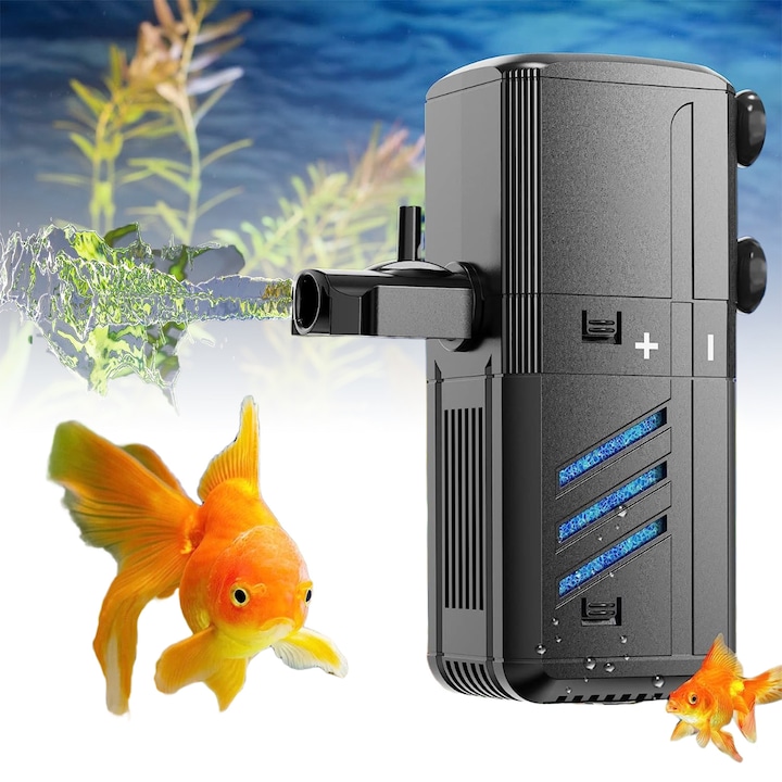 Filtru intern pentru acvariu, Lynker, 4 in 1, 6W, 500L/H, Negru, 13*4.3*5.6cm, Materiale de inalta calitate, cu buton de reglare, Design Ultra-Silentios