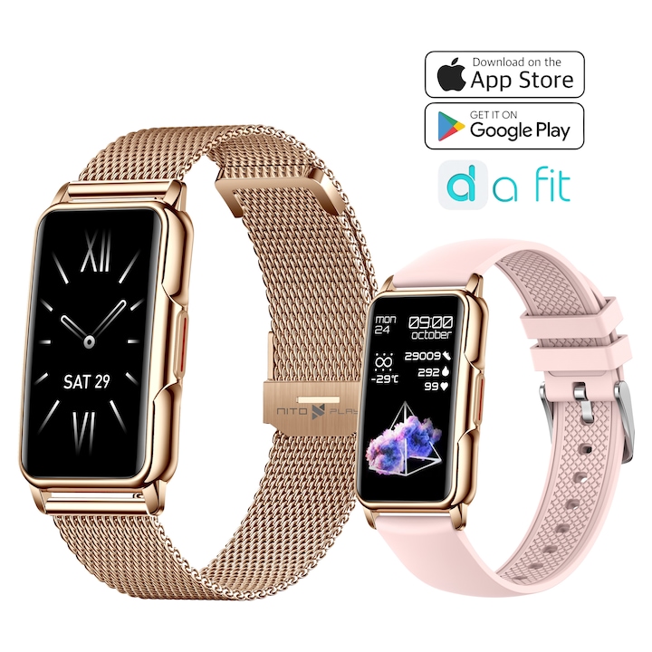 Ceas / Bratara inteligenta Nitoplay® Elegance Smart Watch Fitness, Roz, 1.47" Super AMOLED, Curea metalica&silicon, Notificari, Android/iOS, Autonomie 7 zile, Rezistent la apa IP67, Monitorizare sanatate, Puls, SpO2, Somn, Calorii, Pasi, Sport