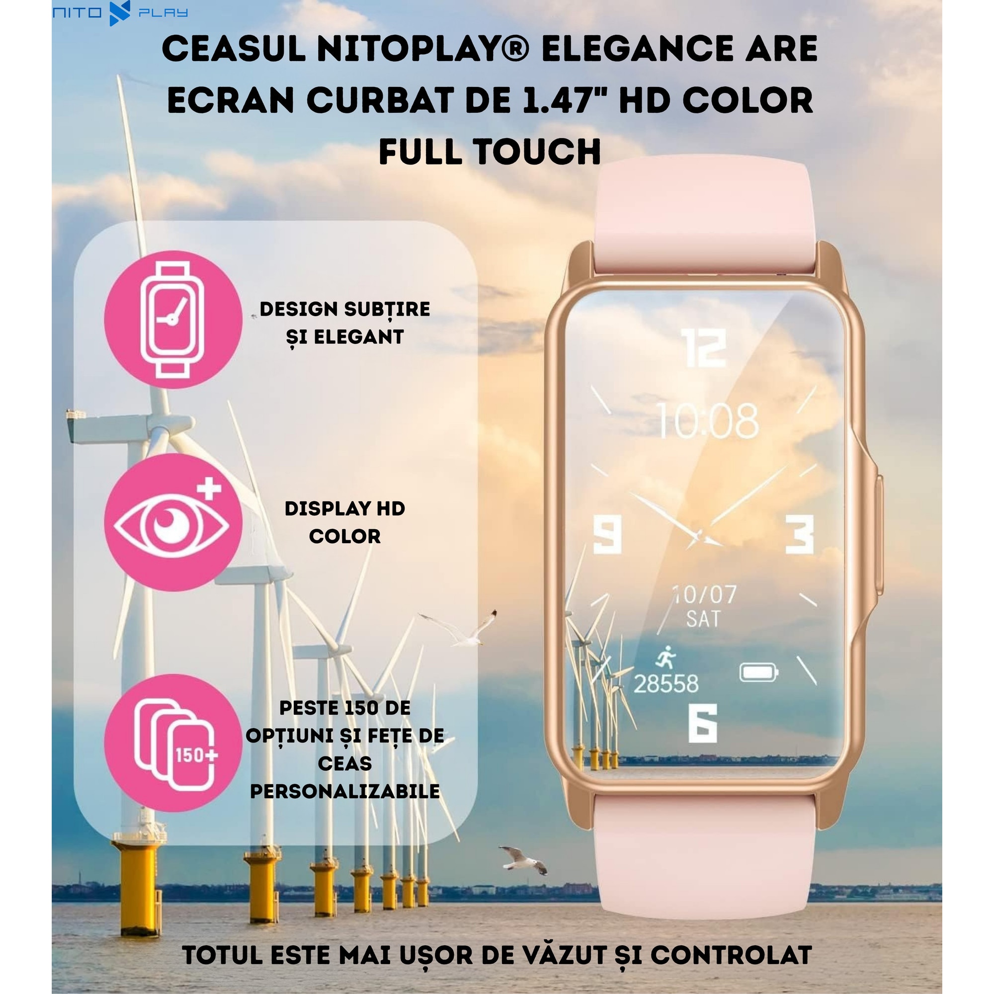 Fit Roz Watch Ceas inteligent Nitoplay® Elegance Smart Watch Fitness, Roz, 1.47 ...