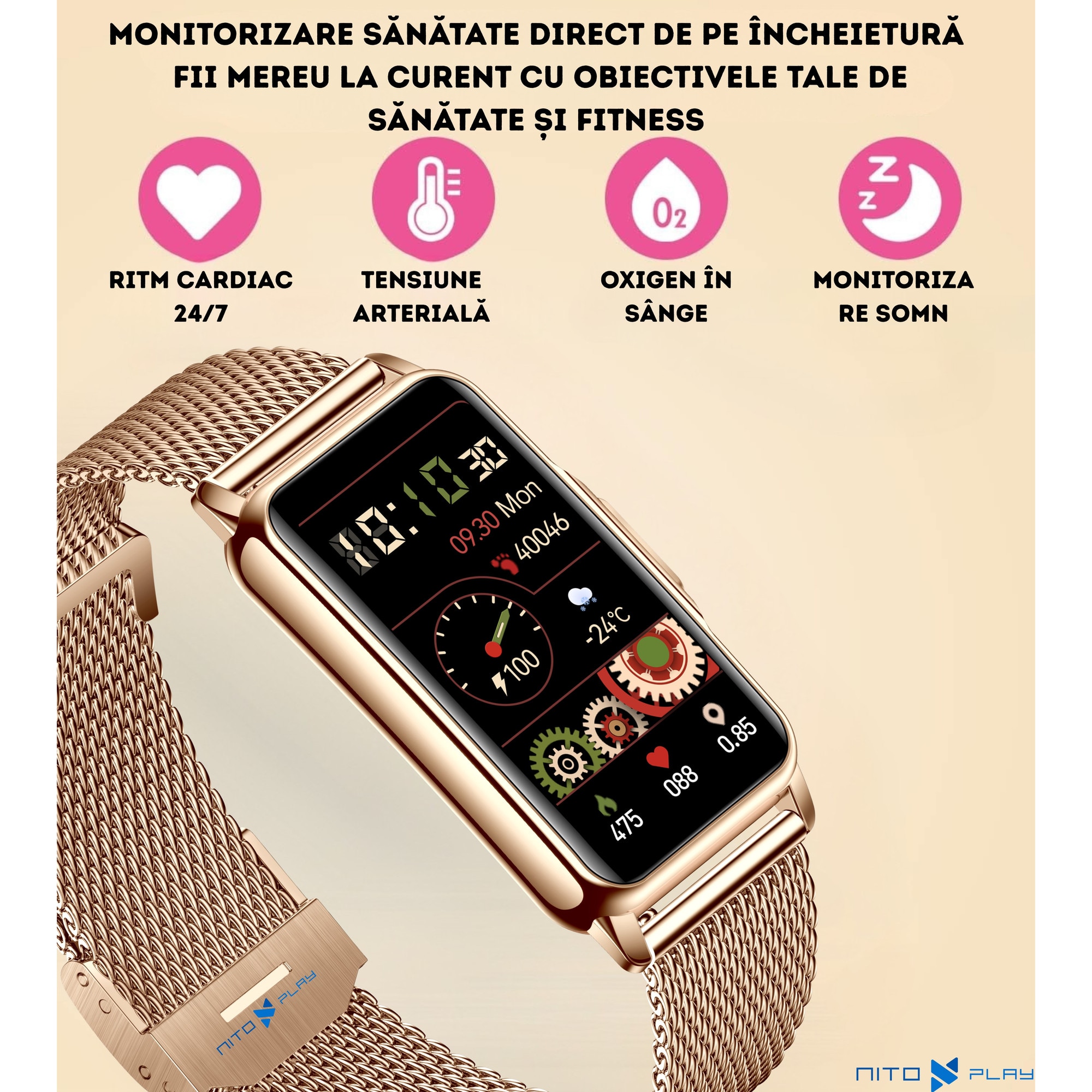 Fit Roz Watch Ceas inteligent Nitoplay® Elegance Smart Watch Fitness, Roz, 1.47 ...