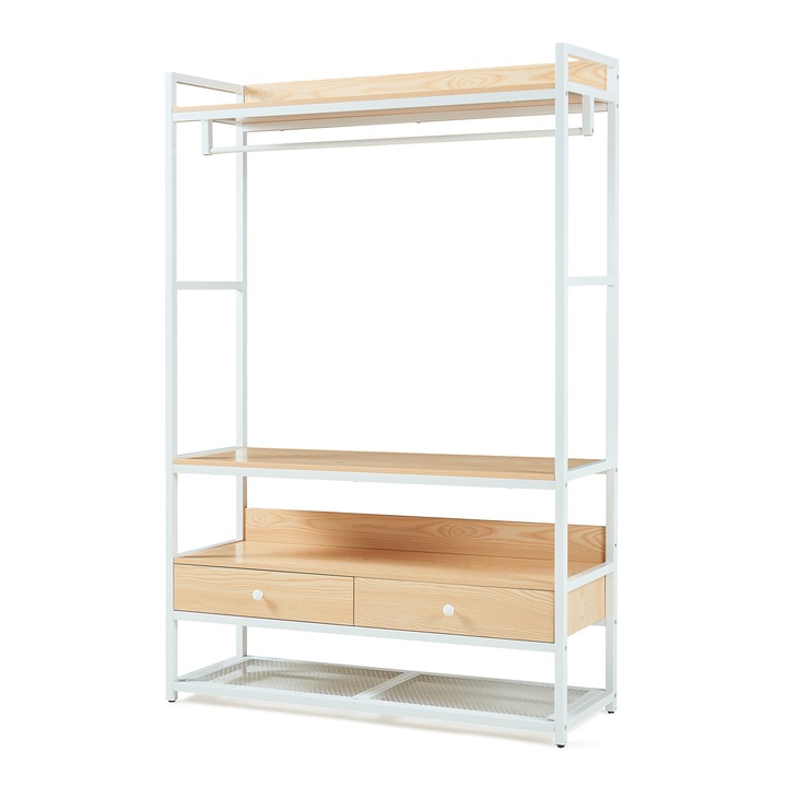 Suport haine, en.casa, cu 1 sina, 2 sertare, 4 rafturi, alb, 180x120x40cm