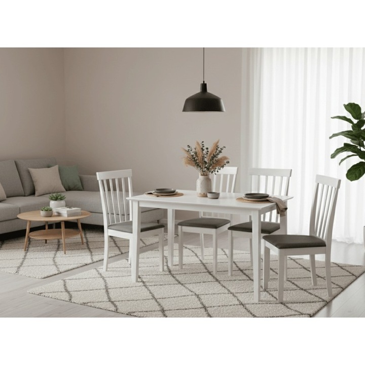 Set masa living si bucatarie Drimus Bali, MDF, tapiterie stofa, alb, 112x72x74 cm, 4 scaune Houston, lemn masiv, gri