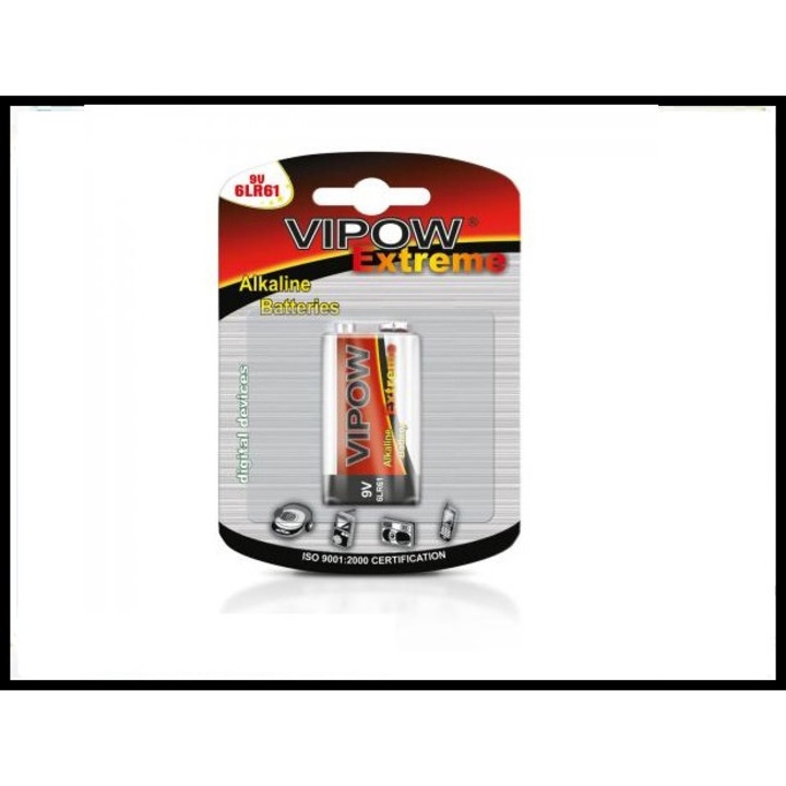 Baterie alcalina 9V VIPOW EXTREME, 6LR6, dimensiuni 48,5x17,5x26,5mm, set de 2 bucati