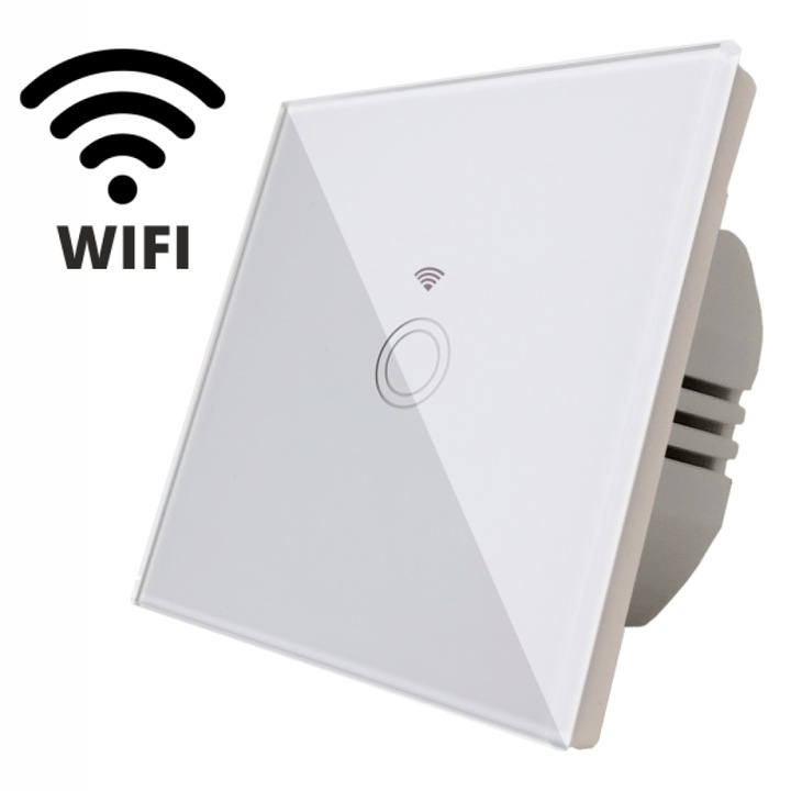 Intrerupator touch simplu WI-FI, sticla securizata, alb