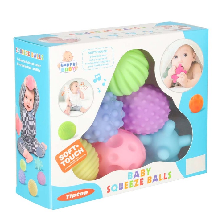 Set 6 Bile Senzoriale Colorate pentru Bebe – Texturate, Moi, cu Sunet Squeaker
