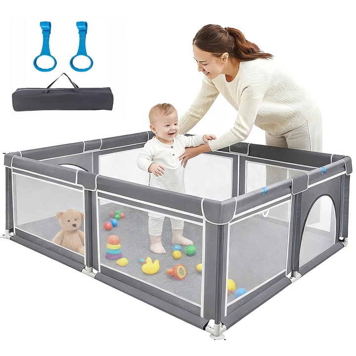 Бебешка кошара за игра, YOUKUKE, защитени ъгли, със защита за ъгли, защитна мрежа, включва врата с цип, чанта за носене, възраст 0-5 години, защита за ъгли, плат, 150*180*60 см, сив