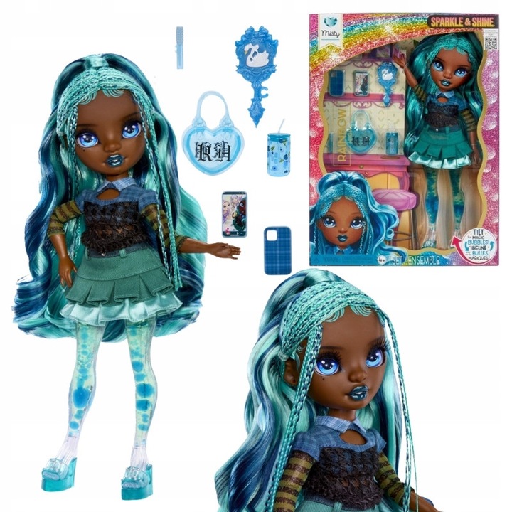 Set Papusa Rainbow High Cu Accesorii, Rainbow High, Sparkle & Shine Misty, Varsta Copilului 4+, Material Plastic, Accesorii Telefon, Oglinda, Luciu De Buze, Pahar Cu Pai, Costum, Pantofi, Pieptene, Geanta In Forma De Inima, 28 cm, Multicolor