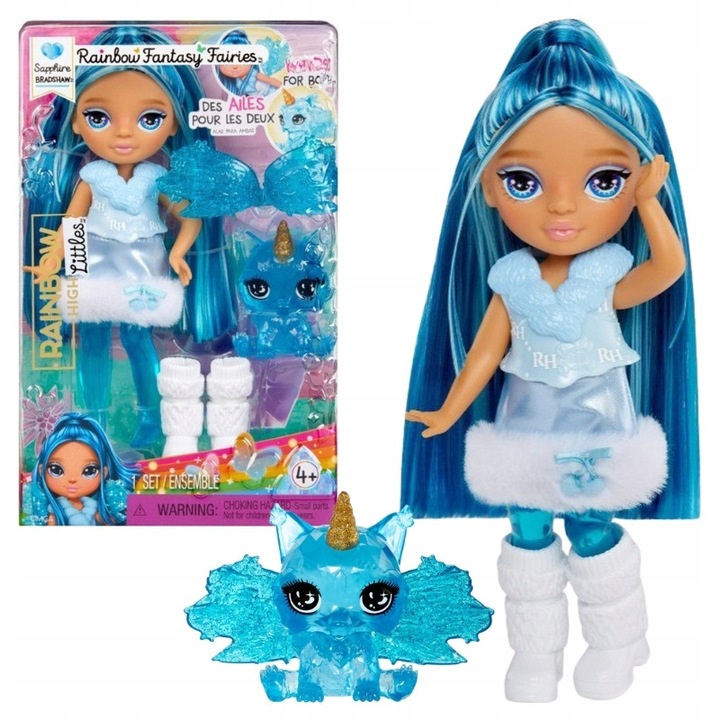 Комплект кукла фея с домашен любимец, Mga, Sapphire, 15 см, син, подвижни стави, подвижни крила