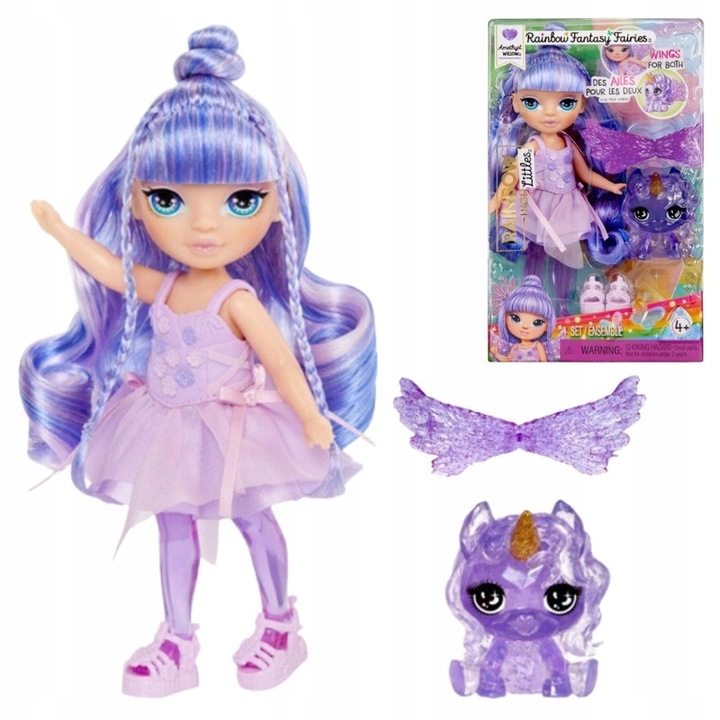 Комплект кукла фея с домашен любимец, Mga, Аметист, Подвижни стави, лилав, 15x10см