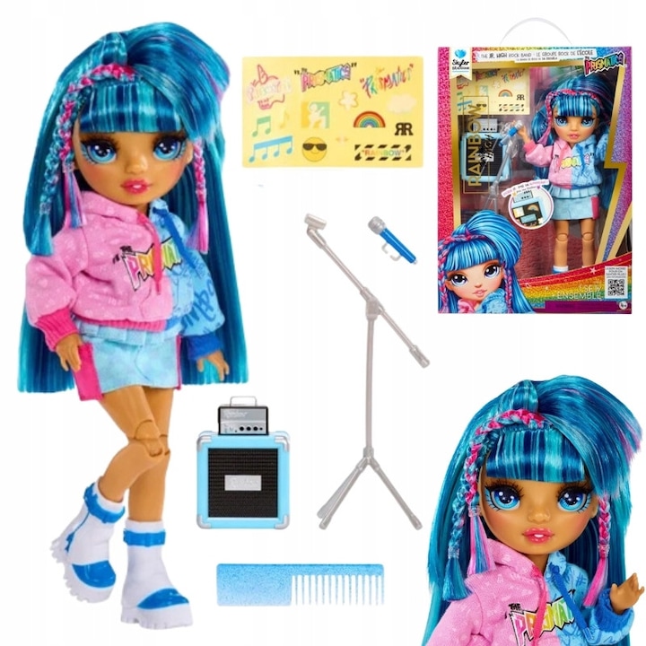 Set Papusa Rainbow High Cu Accesorii, Mga, Junior High Rockband Skyler Bradshaw, Par Pentru Coafat Si Stilizat, Personalizare Decoreaza Amplificatorul Cu Autocolante, Articulatii Mobile Pozitii Dinamice Si Spectacole De Concert, Varsta 8+, 22 cm, Albastru