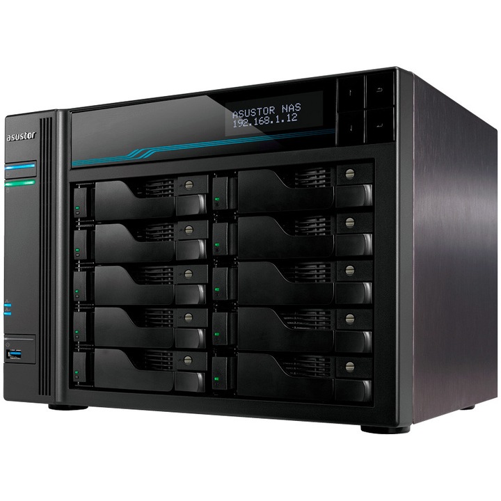 Network Attached Storage, Asustor, 10 Bay, Intel 9th Xeon E-2224, 8GB DDR4 ECC SODIMM, LCD Panel