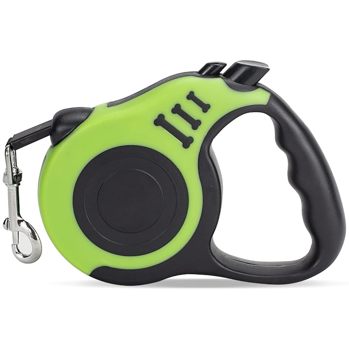 Lesa Retractabila Automata pentru Caini, 5 Metri, Banda Telescopica Durabila, Sistem Frana cu Doua Butoane, Maner Ergonomic Antialunecare, Model M1, Verde