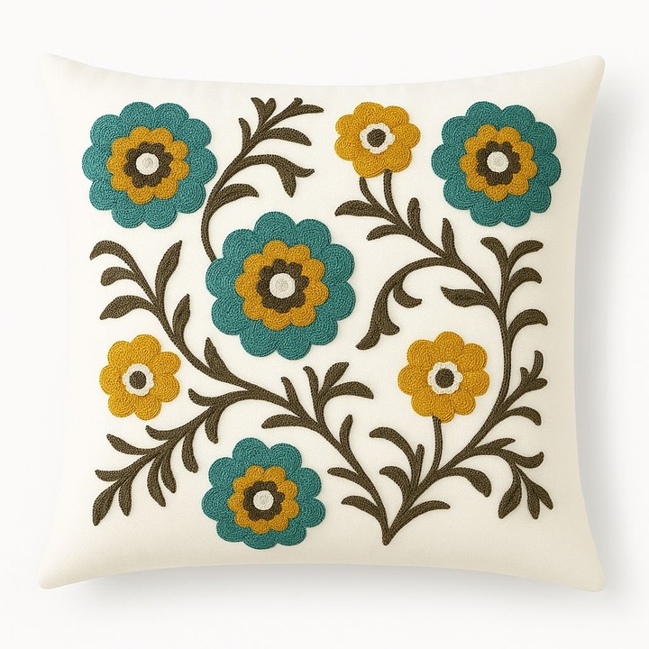 Dekoratív párna 45*45 cm, hímzett virágmintás, virágos modell