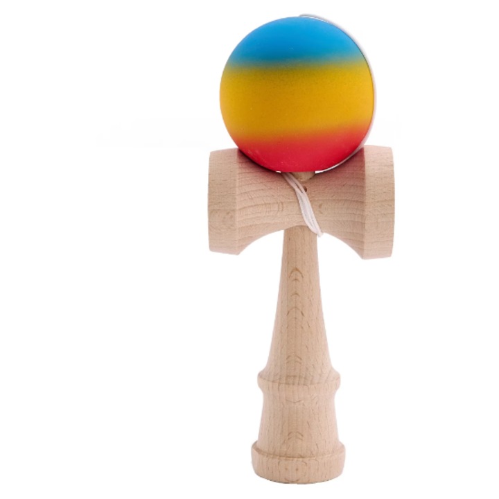 Kendama profesionala din lemn de fag 18 cm, 160g cu bila 80g, vopsea aderenta mata, design Rainbow Gradient – echilibru perfect pentru trick-uri si antrenament