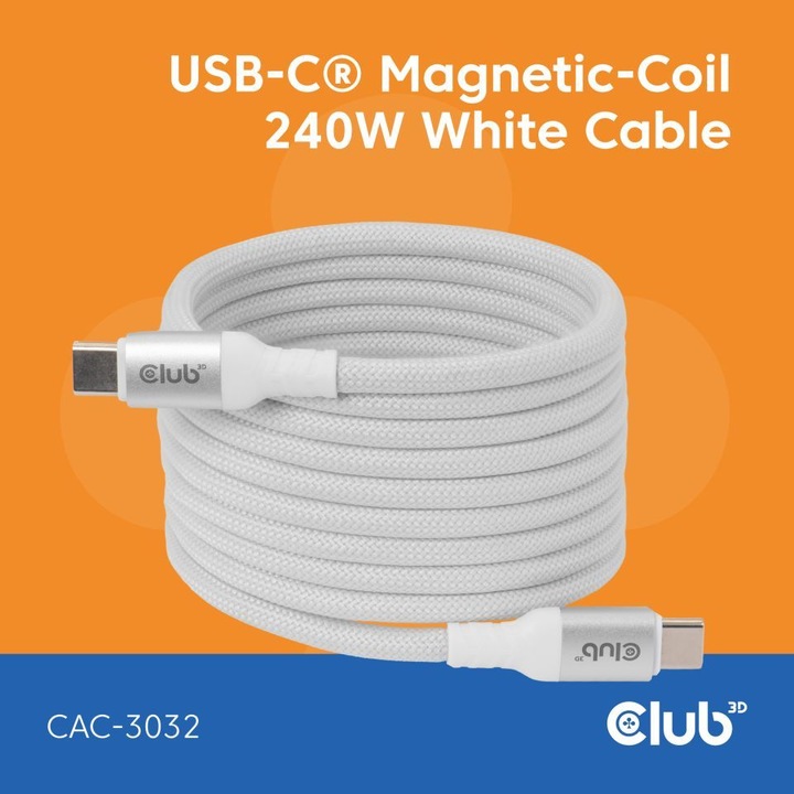 Club3D CAC-3032 USB-C Magnetic-Coil 240W Cable 2m White, 294026, Kábel