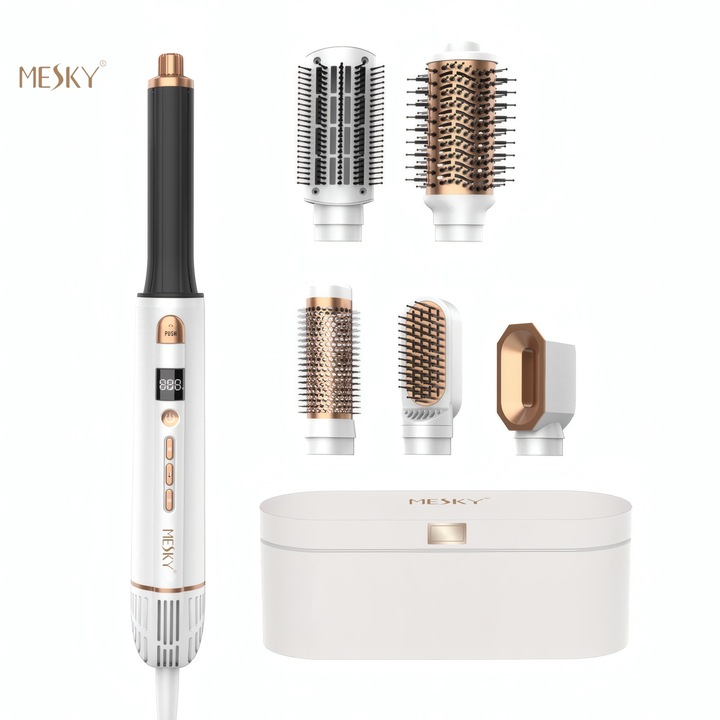 Aparat de coafat 6 in 1 MESKY® MultiStyler cu aer, Uscare + Bucle + Volum, 300M ioni, Motor 110.000 RPM, 3 viteze, 3 temperaturi, Display Digital, ambalaj DeLuxe