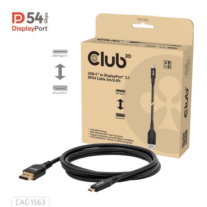 Club3D CAC-1563 USB-C to DisplayPort 2.1 DP54 Bi-Directional Cable 8K120Hz 2m Black, 294017, Kábel