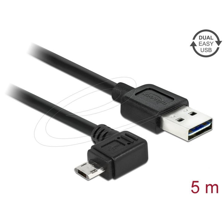 Cablu DeLock USB 2.0 Type-A masculin > Micro-B masculin unghiat stanga/dreapta, 5m, negru