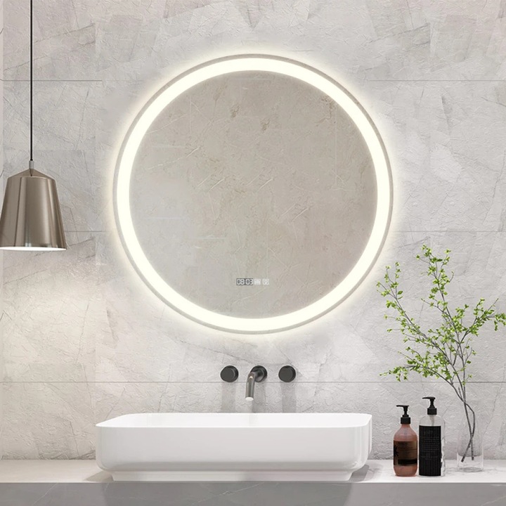 Oglinda baie LED, Mobatelier, 60x60 cm, rotunda, dezaburire, iluminare reglabila
